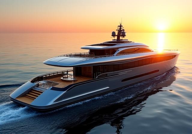 Moderne Luxusyacht bei Sonnenuntergang