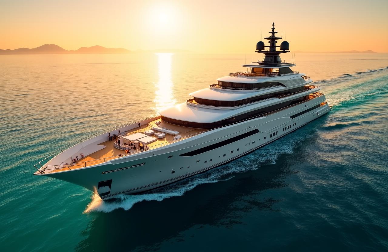 Luxusyacht auf dem offenen Meer bei Sonnenuntergang