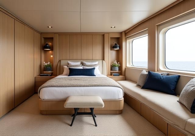 Nachhaltiges Innendesign einer Yacht mit hellen Hölzern und natürlichen Stoffen