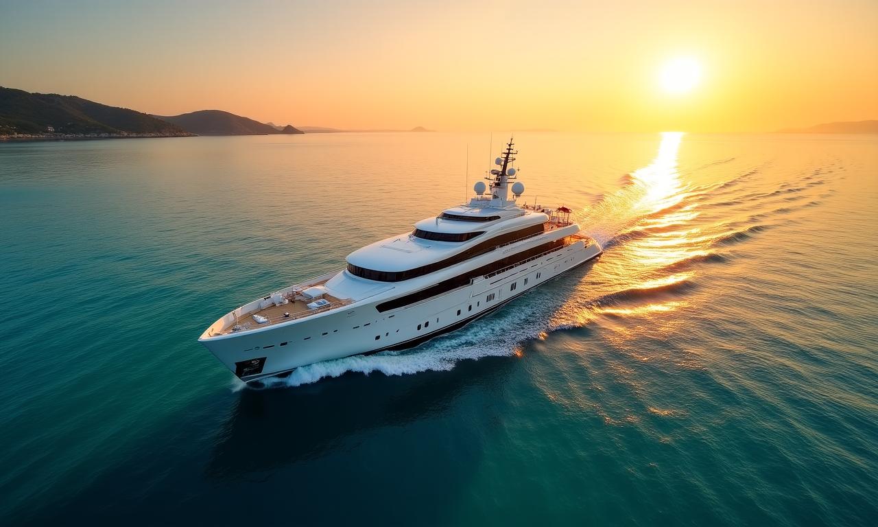 Luxusyacht auf dem offenen Azurblauen Meer bei Sonnenuntergang